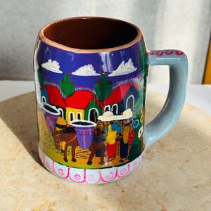 Vibrant Hand Painted South Western‎ Mexican Clay Pottery Mug  Donkey